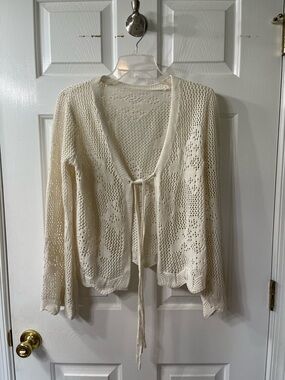 Tie-Front Open-Knit Cream Cardigan Sweater